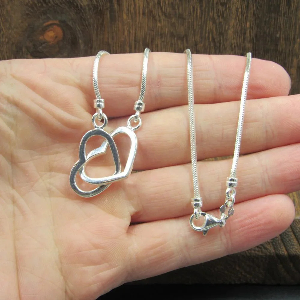 14" Sterling Silver Double Locking Hearts Necklace Vintage - Picture 2 of 6